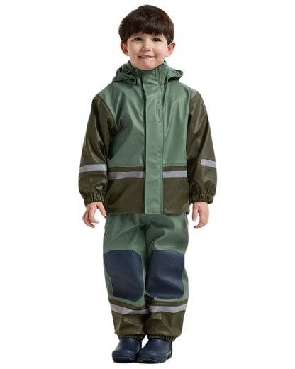 Dark Moss coloured Didriksons Boardman Kids Rain Set on white background 