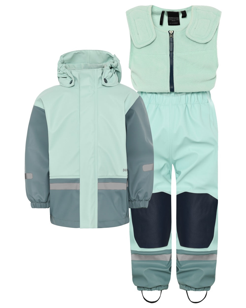 Ocean Mint coloured Didriksons Boardman Kids Rain Set on white background 