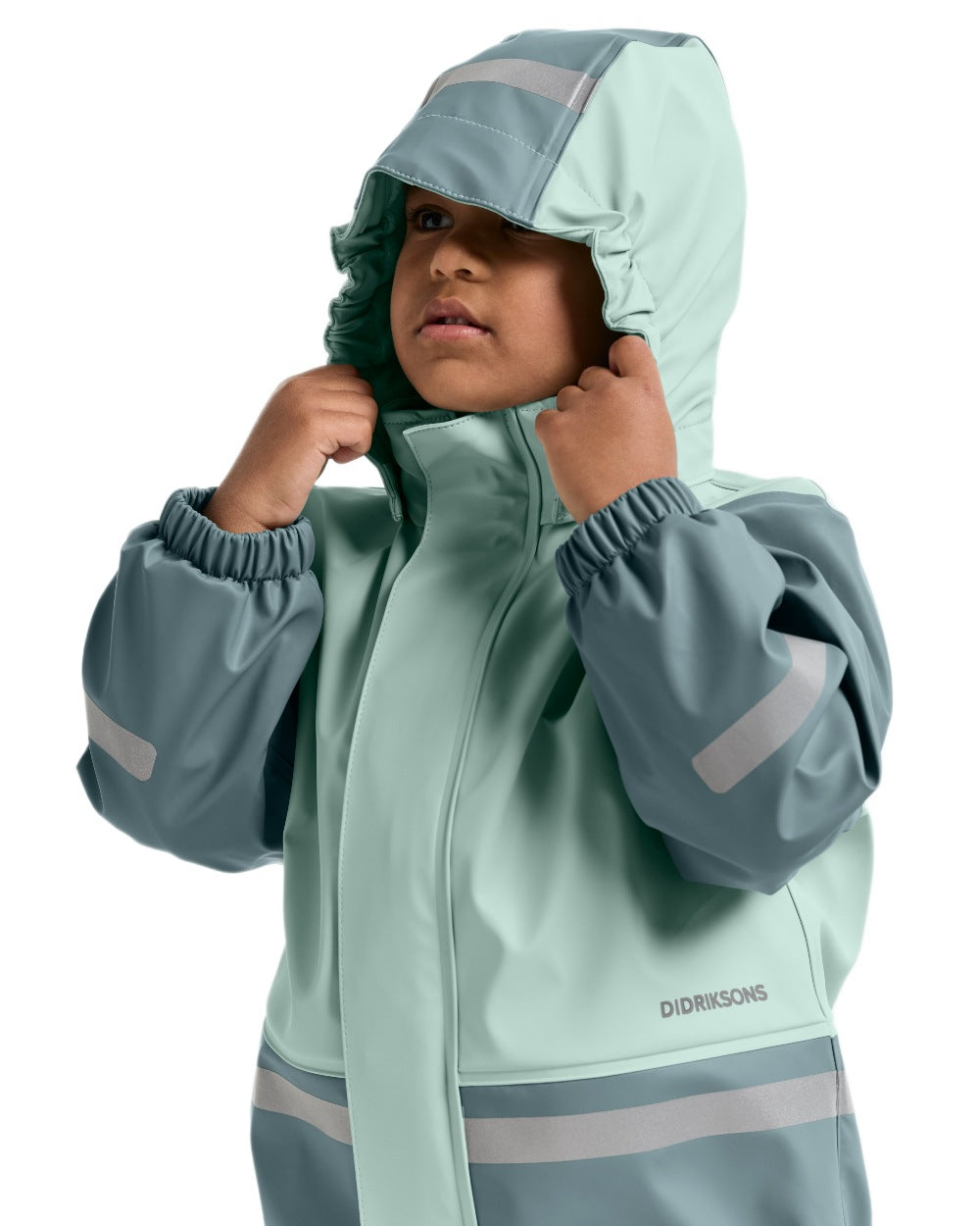 Ocean Mint coloured Didriksons Boardman Kids Rain Set on white background 