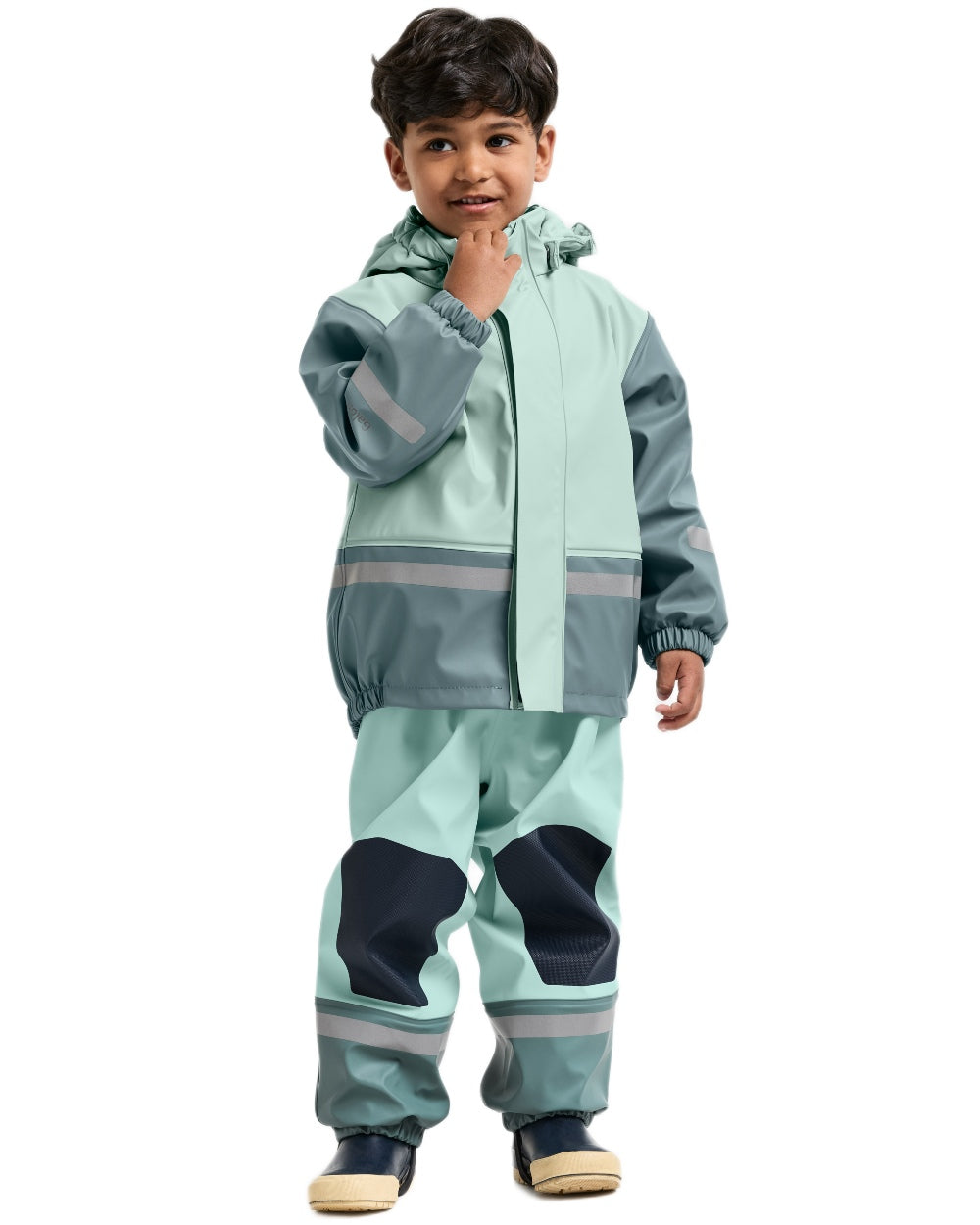 Ocean Mint coloured Didriksons Boardman Kids Rain Set on white background 