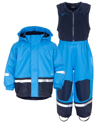 Sharp Blue Coloured Didriksons Boardman Kids Rain Set on a white background 