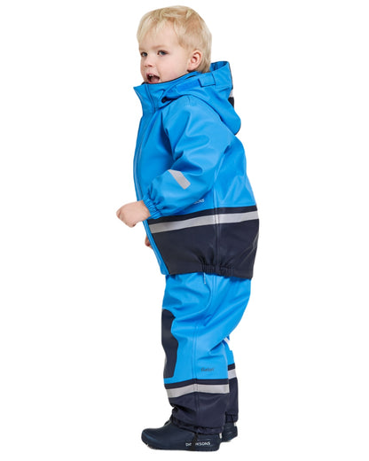 Sharp Blue Coloured Didriksons Boardman Kids Rain Set model on a white background 