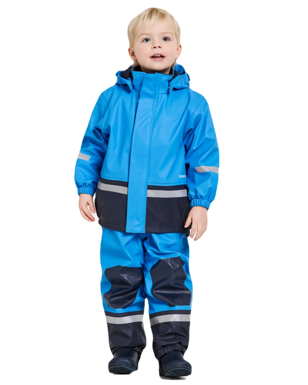 Sharp Blue Coloured Didriksons Boardman Kids Rain Set model on a white background 