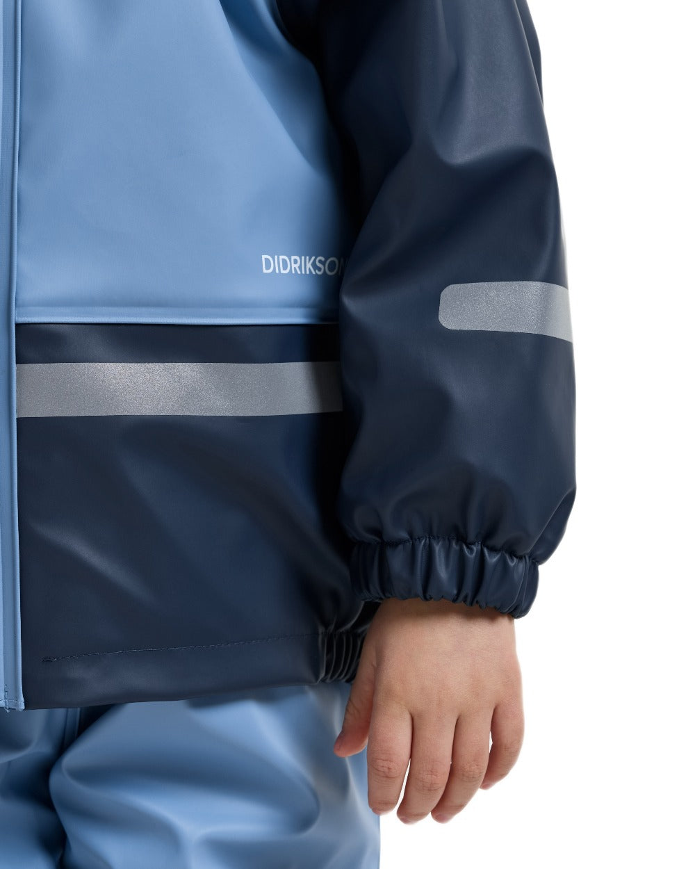 Winter Blue coloured Didriksons Boardman Kids Rain Set on white background 