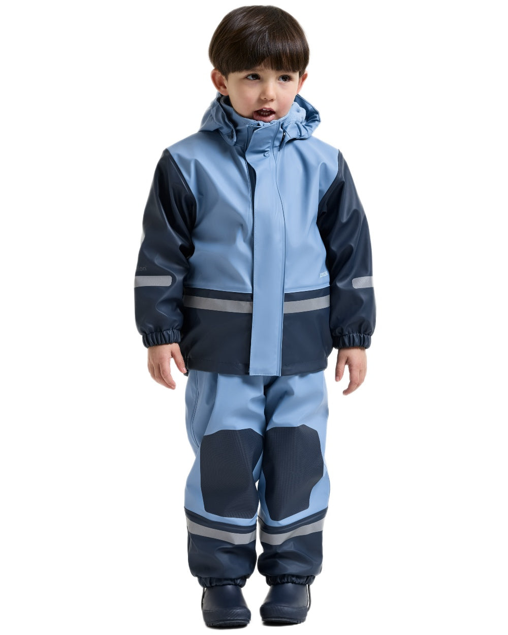 Winter Blue coloured Didriksons Boardman Kids Rain Set on white background 