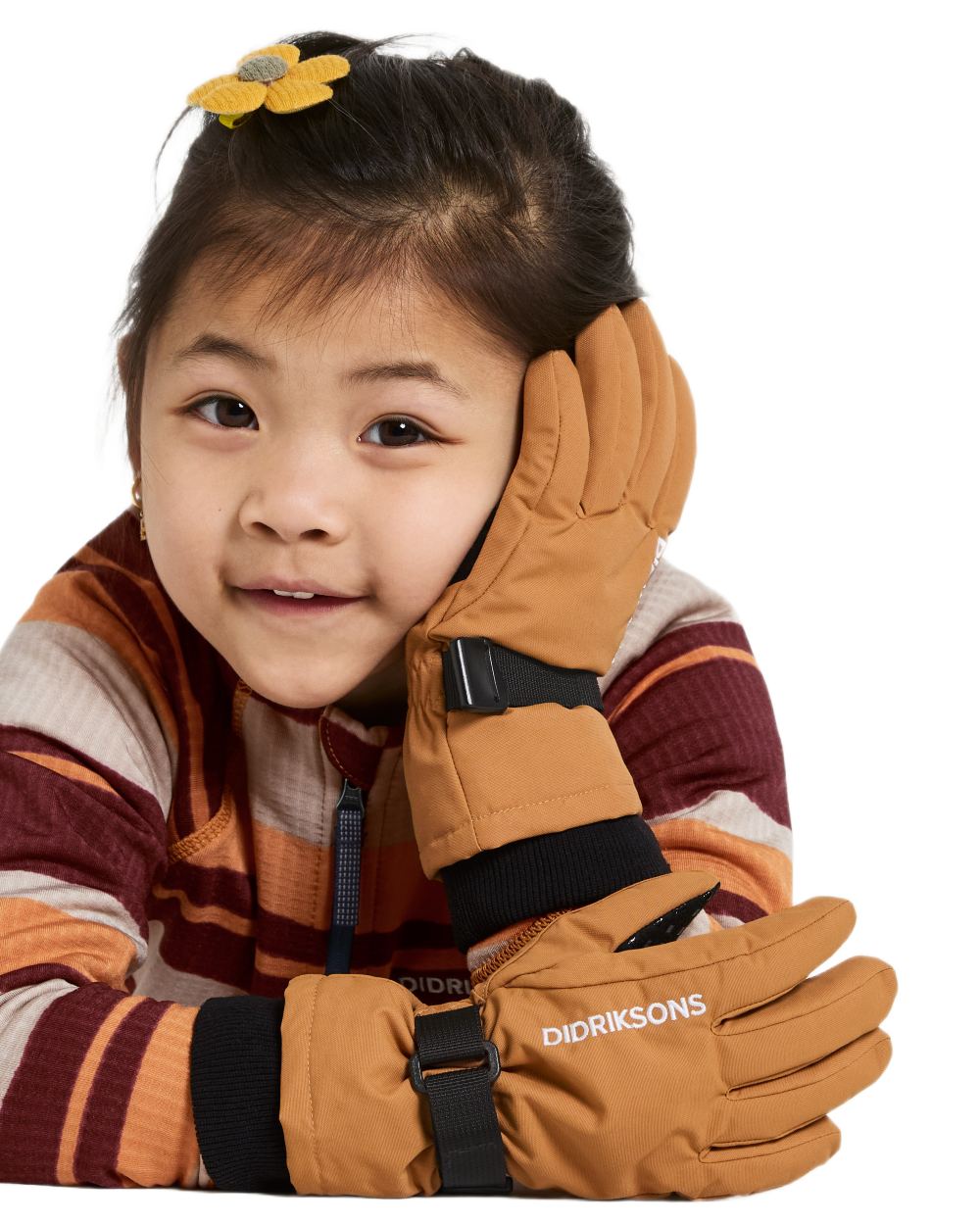 Almond Tree coloured Didriksons Childrens Biggles Gloves on white background 