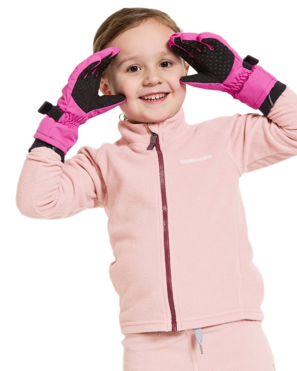 Plastic Pink coloured Didriksons Childrens Biggles Gloves on white background 