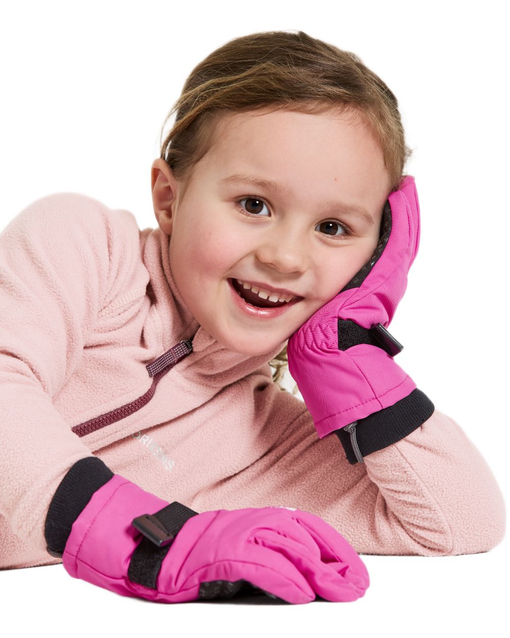 Plastic Pink coloured Didriksons Childrens Biggles Gloves on white background 