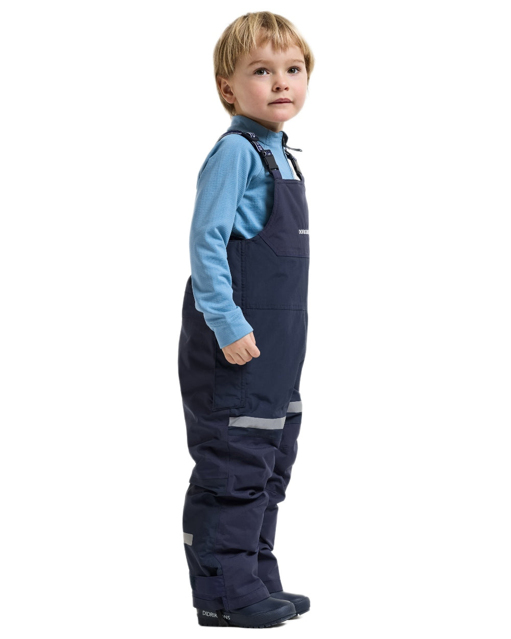 Navy coloured Didriksons Childrens Bjarven Bib Pants 3 on white background 