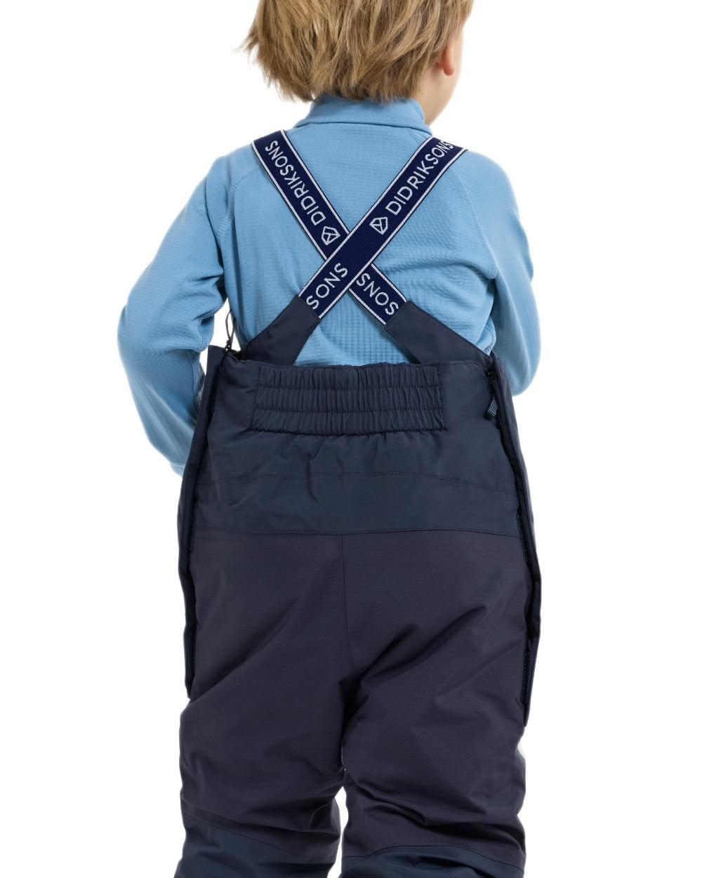 Navy coloured Didriksons Childrens Bjarven Bib Pants 3 on white background 