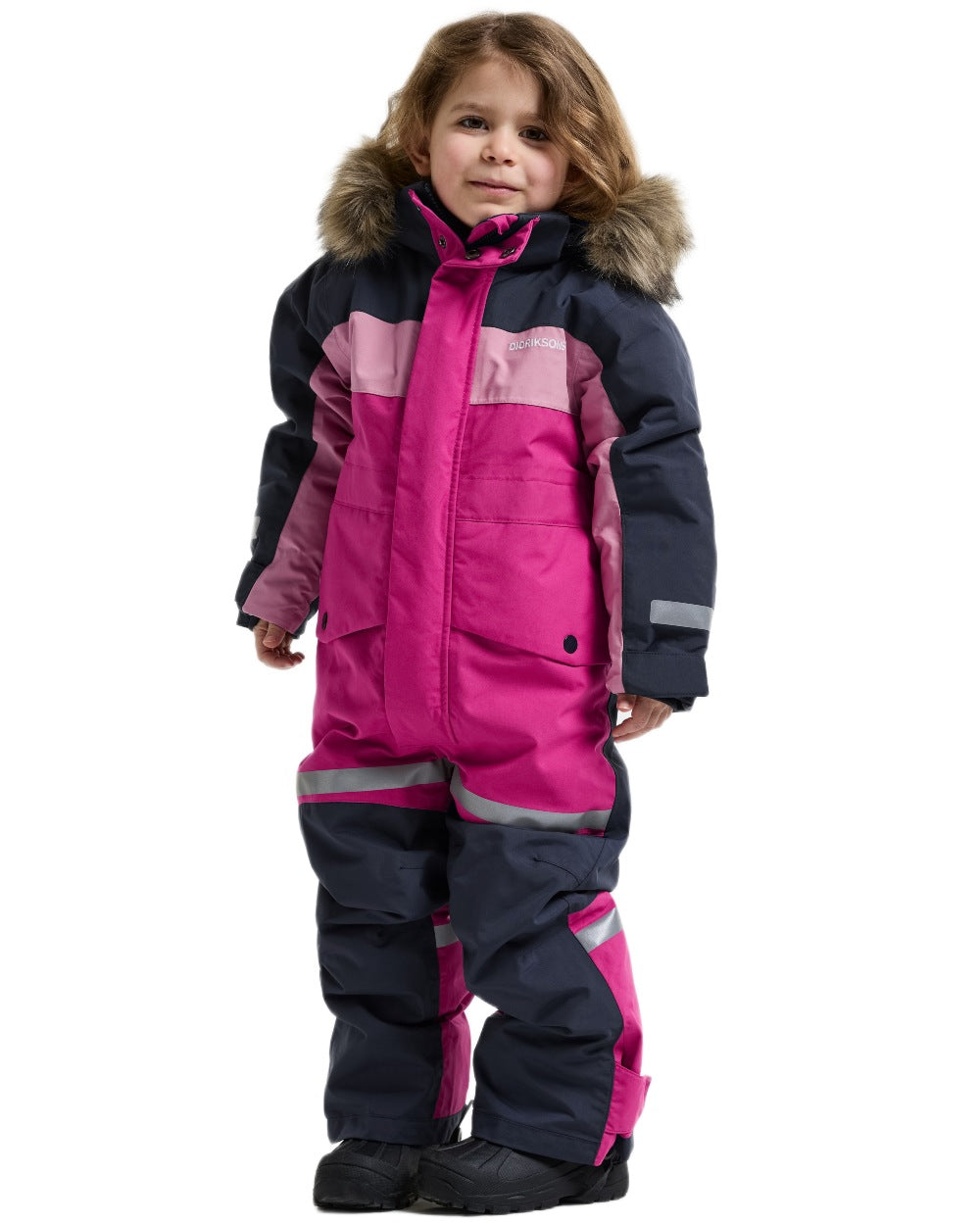 Cactus Pink coloured Didriksons Childrens Bjarven Coverall 5 on white background 