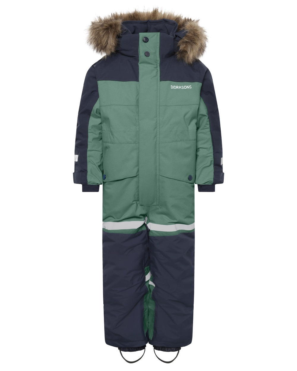 Dark Moss coloured Didriksons Childrens Bjarven Coverall 5 on white background 