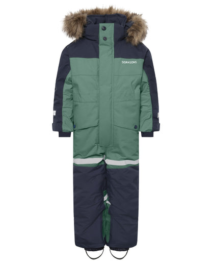 Dark Moss coloured Didriksons Childrens Bjarven Coverall 5 on white background 