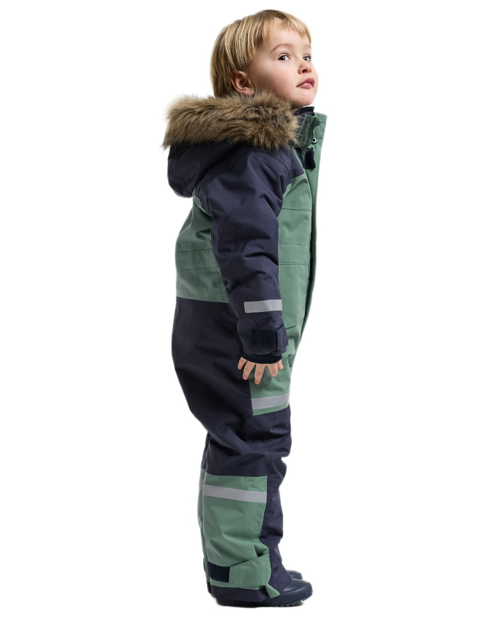 Dark Moss coloured Didriksons Childrens Bjarven Coverall 5 on white background 