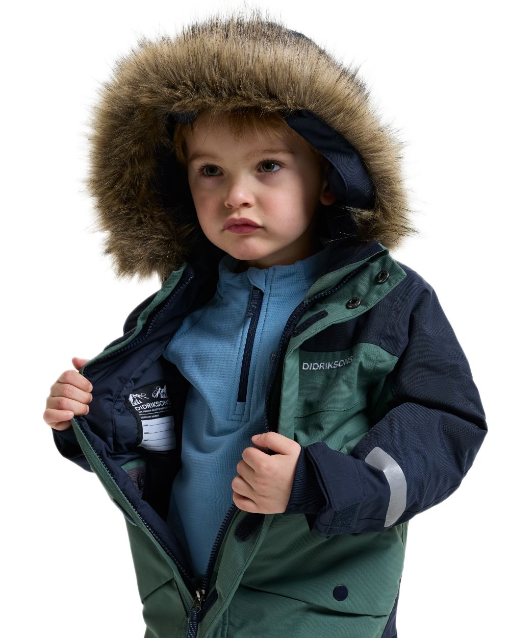 Dark Moss coloured Didriksons Childrens Bjarven Coverall 5 on white background 
