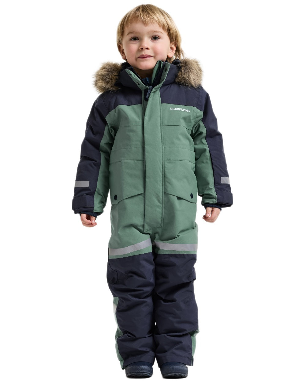 Dark Moss coloured Didriksons Childrens Bjarven Coverall 5 on white background 