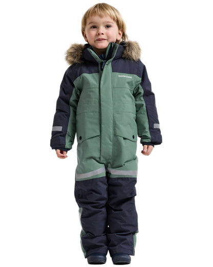 Dark Moss coloured Didriksons Childrens Bjarven Coverall 5 on white background 