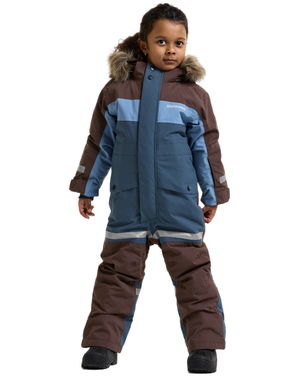 Mountain Blue coloured Didriksons Childrens Bjarven Coverall 5 on white background 
