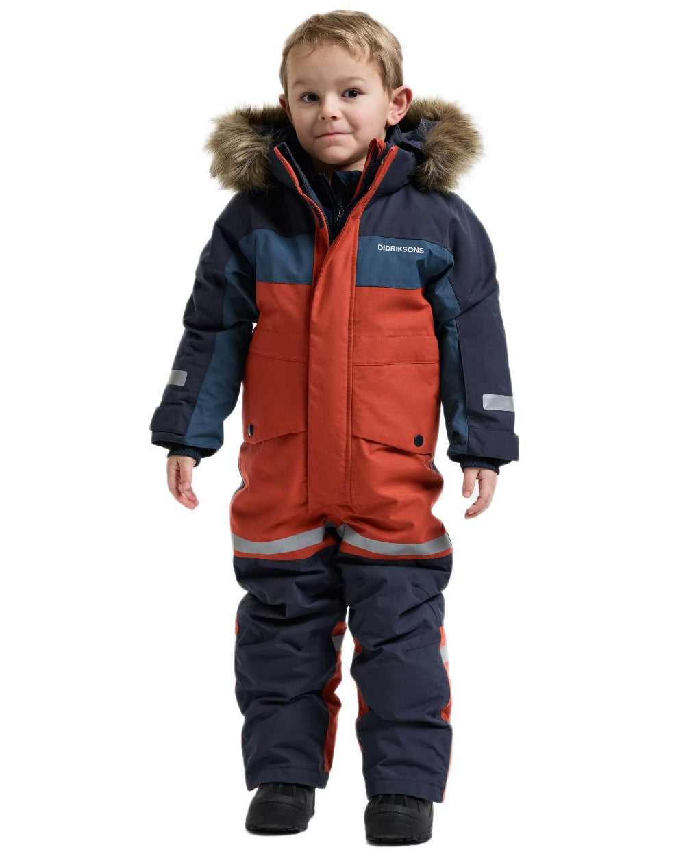 Rust coloured Didriksons Childrens Bjarven Coverall 5 on white background 