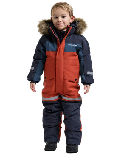 Rust coloured Didriksons Childrens Bjarven Coverall 5 on white background 
