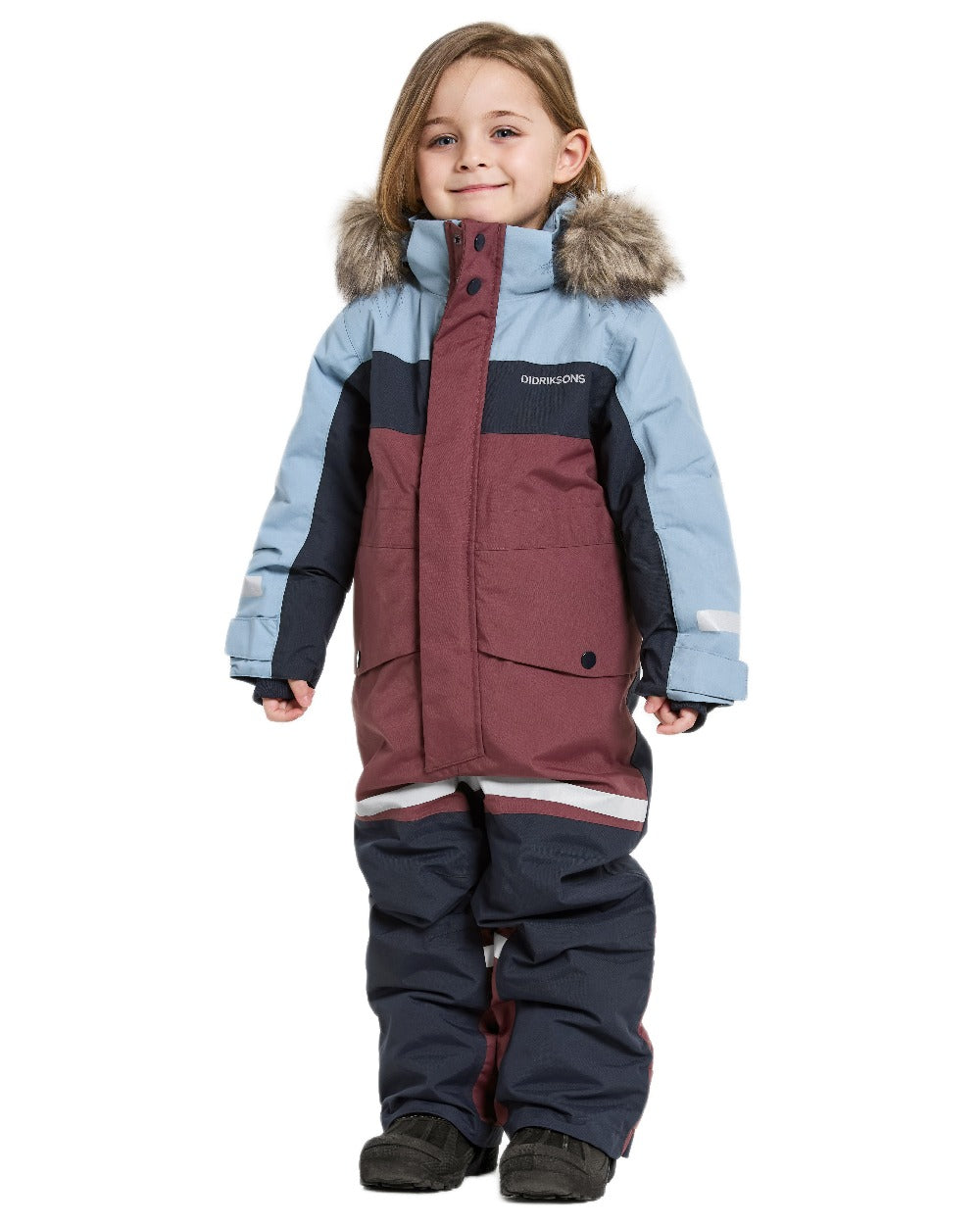 Anemon Red Coloured Didriksons Childrens Bjärven Coveralls on white background 