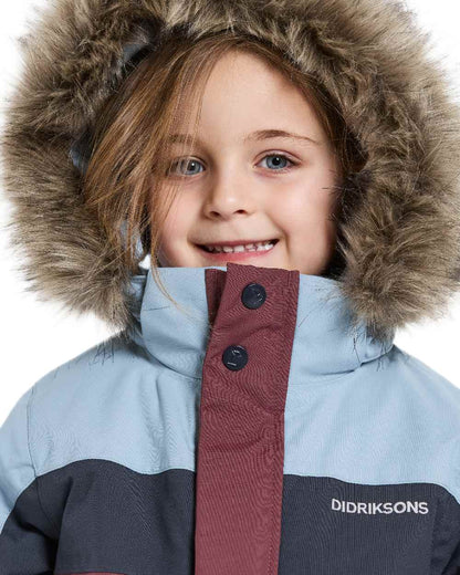 Anemon Red Coloured Didriksons Childrens Bjärven Coveralls on white background 