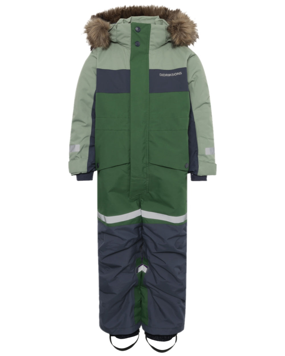 Light Moss Coloured Didriksons Childrens Bjärven Coveralls on white background 