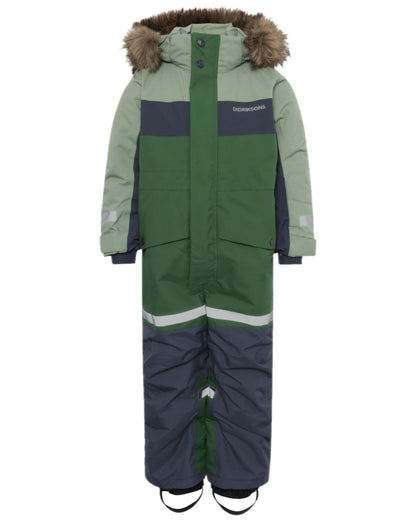 Light Moss Coloured Didriksons Childrens Bjärven Coveralls on white background 