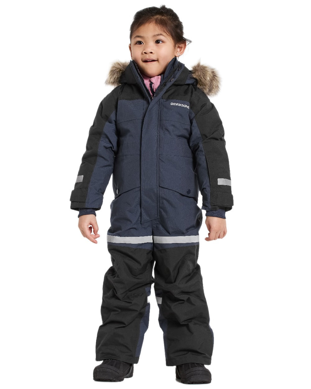 Navy Coloured Didriksons Childrens Bjärven Coveralls on white background 