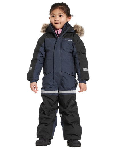 Navy Coloured Didriksons Childrens Bjärven Coveralls on white background 