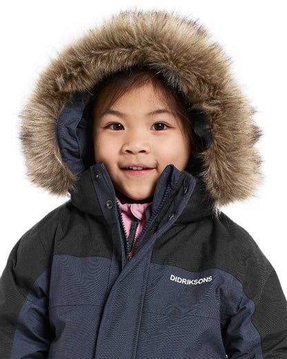 Navy Coloured Didriksons Childrens Bjärven Coveralls on white background 