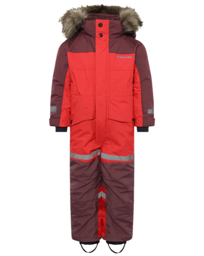 Pomme Red Coloured Didriksons Childrens Bjärven Coveralls on white background 
