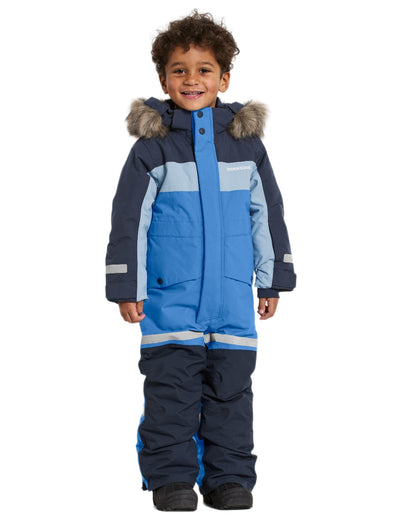 Sapphire Blue Coloured Didriksons Childrens Bjärven Coveralls on white background 