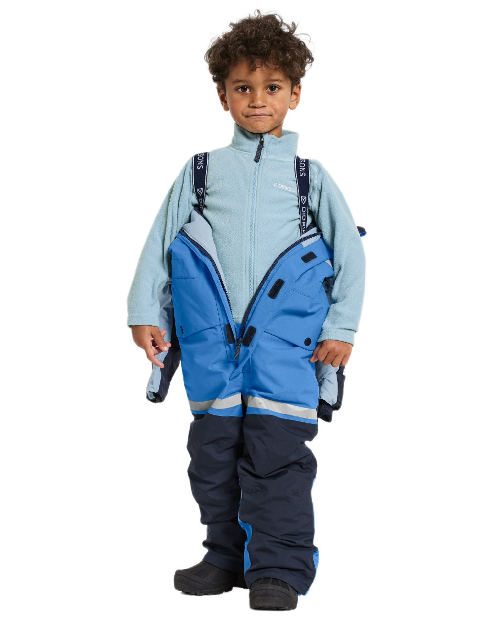 Sapphire Blue Coloured Didriksons Childrens Bjärven Coveralls on white background 