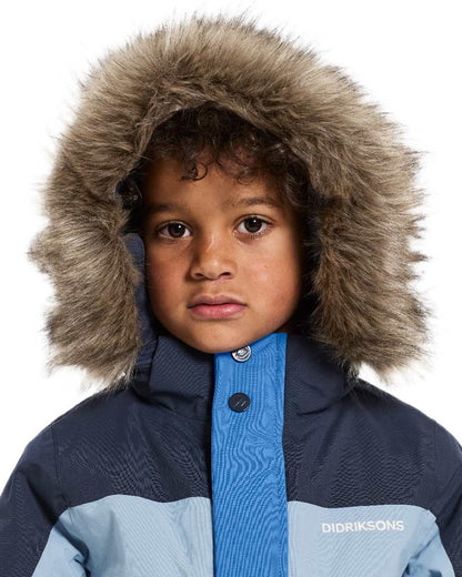 Sapphire Blue Coloured Didriksons Childrens Bjärven Coveralls on white background 