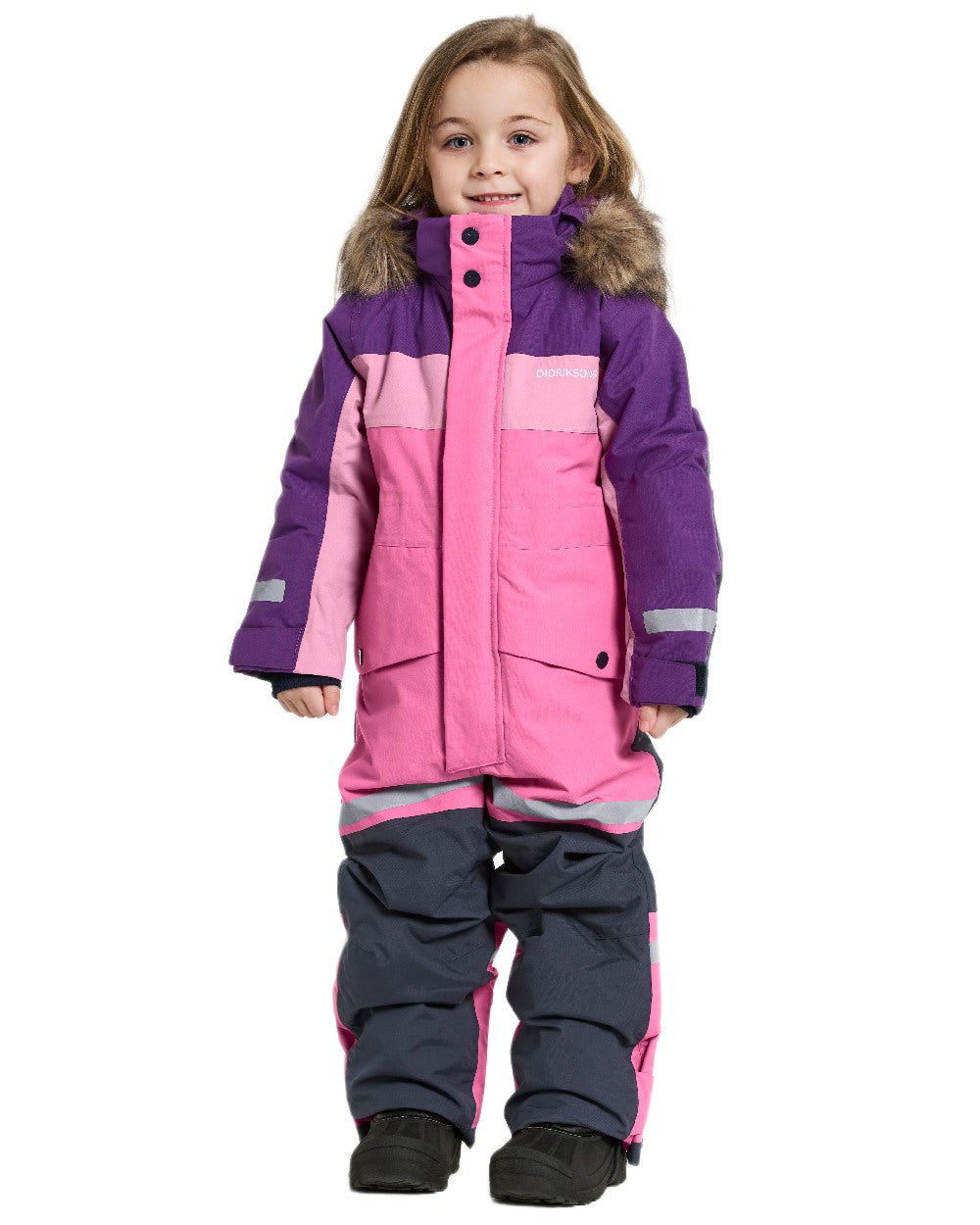 Sweet Pink Coloured Didriksons Childrens Bjärven Coveralls on white background 
