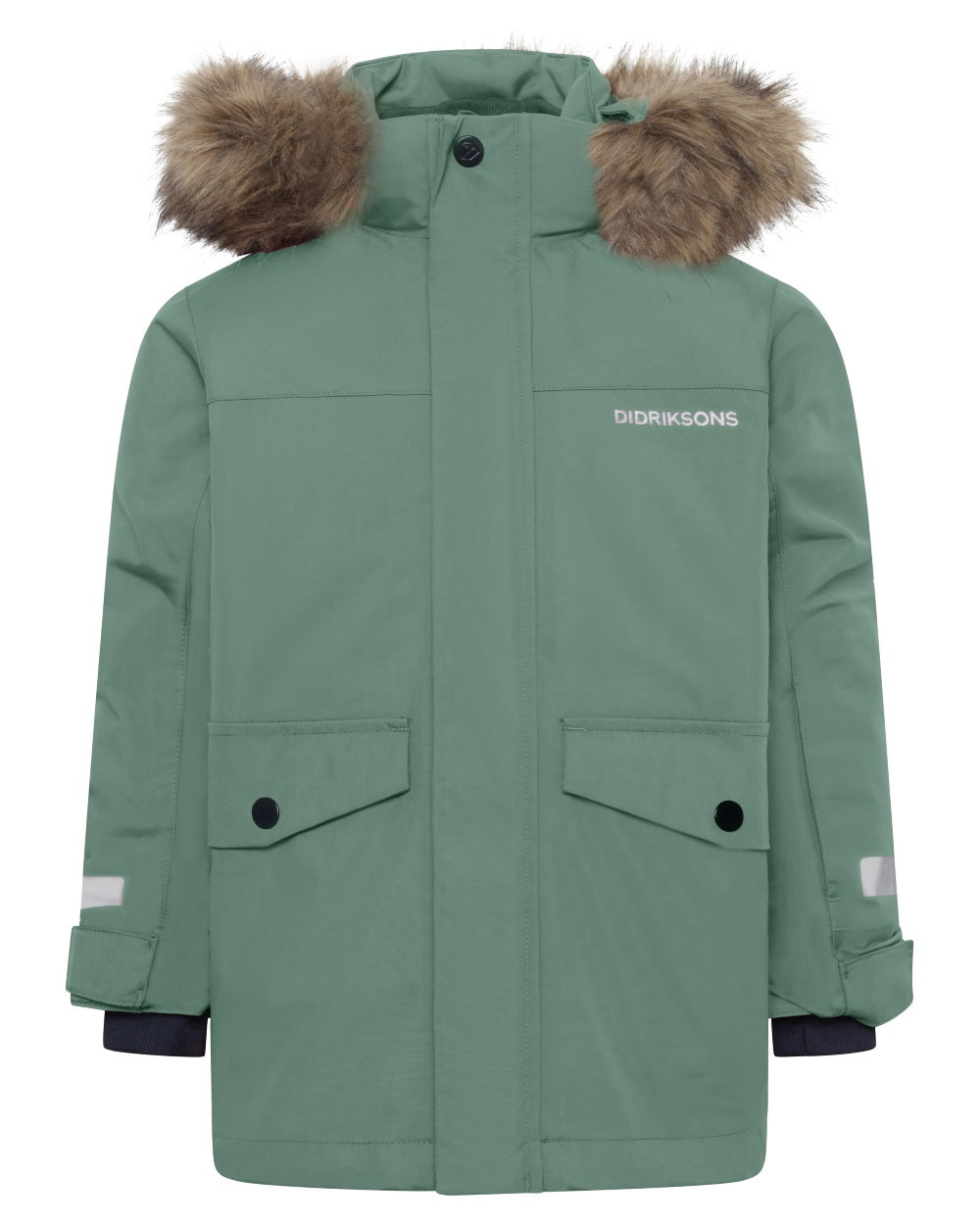 Dark Moss coloured Didriksons Childrens Bjarven Parka 5 on white background 