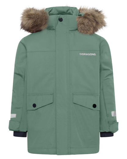 Dark Moss coloured Didriksons Childrens Bjarven Parka 5 on white background 