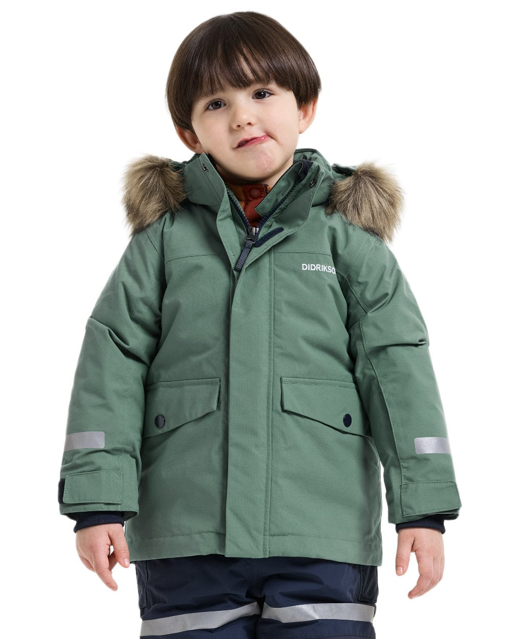 Dark Moss coloured Didriksons Childrens Bjarven Parka 5 on white background 