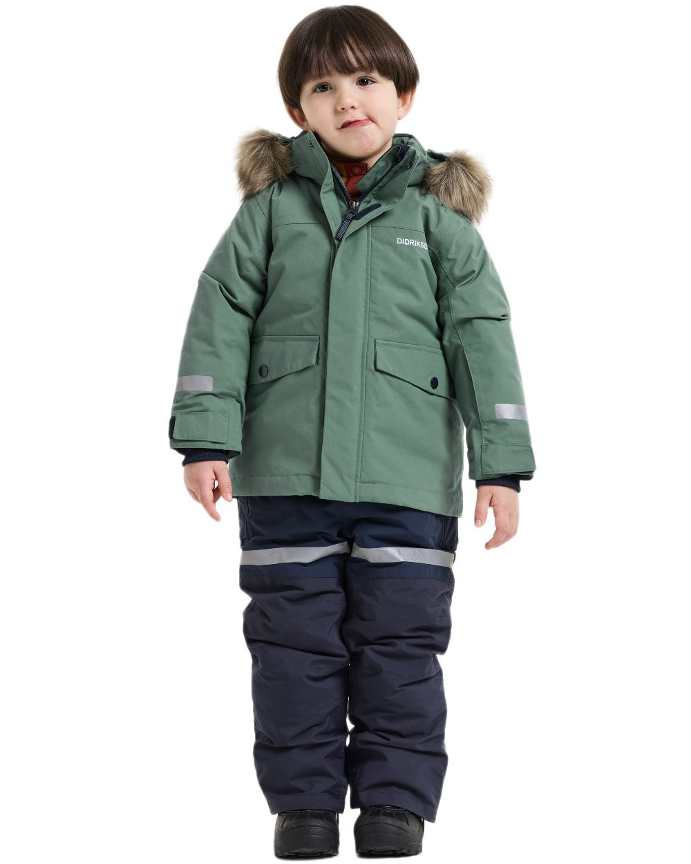 Dark Moss coloured Didriksons Childrens Bjarven Parka 5 on white background 