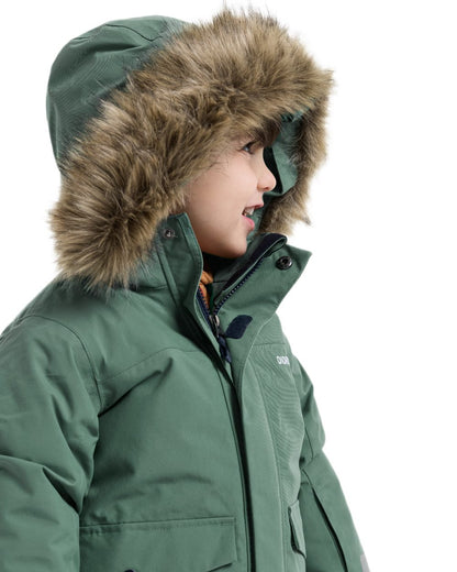Dark Moss coloured Didriksons Childrens Bjarven Parka 5 on white background 