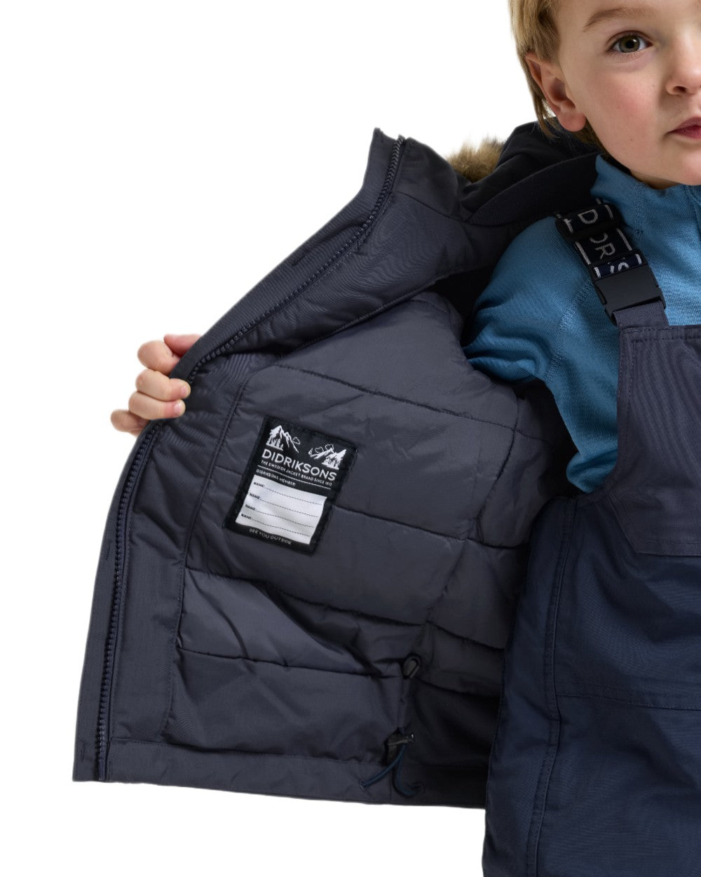 Navy coloured Didriksons Childrens Bjarven Parka 5 on white background 