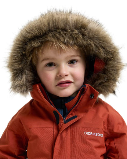 Rust coloured Didriksons Childrens Bjarven Parka 5 on white background 
