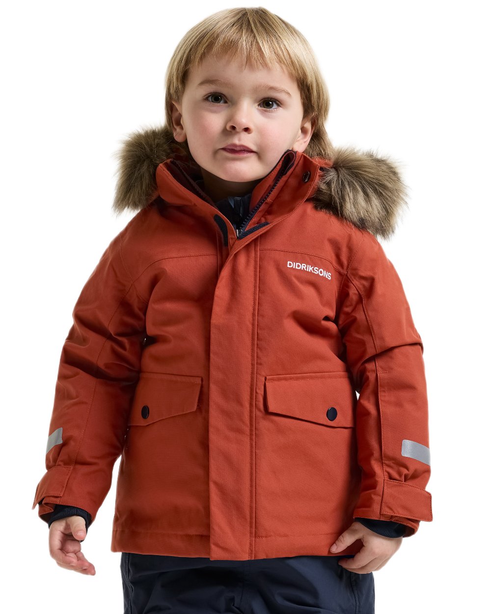 Rust coloured Didriksons Childrens Bjarven Parka 5 on white background 
