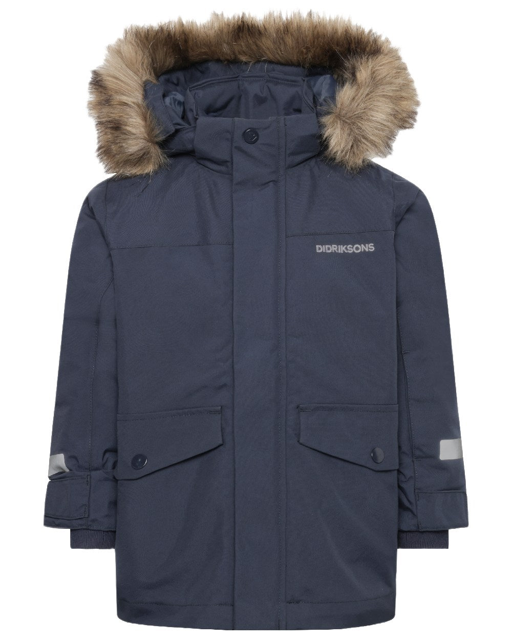 Navy Coloured Didriksons Childrens Bjärven Parka on white background 