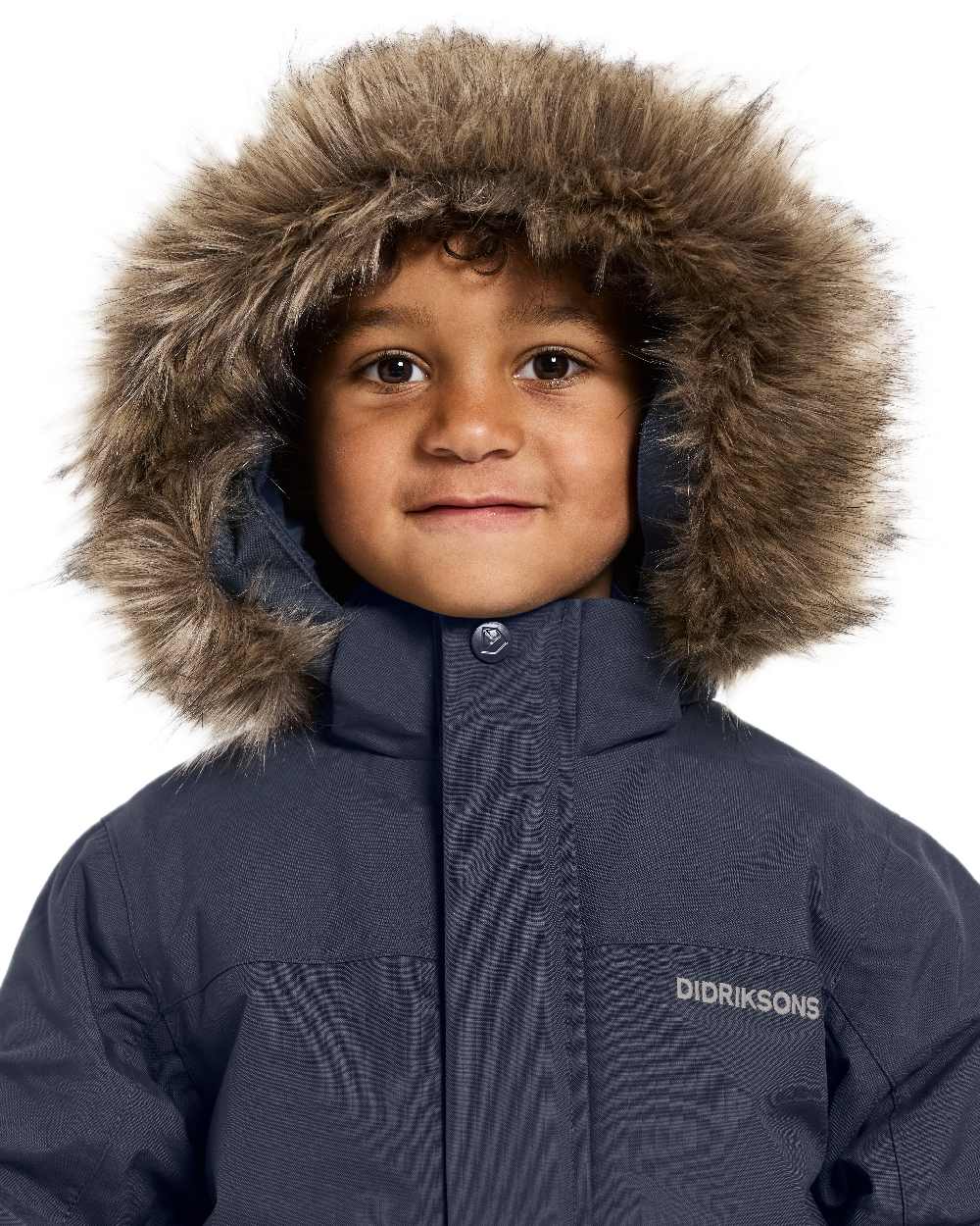Navy Coloured Didriksons Childrens Bjärven Parka on white background 