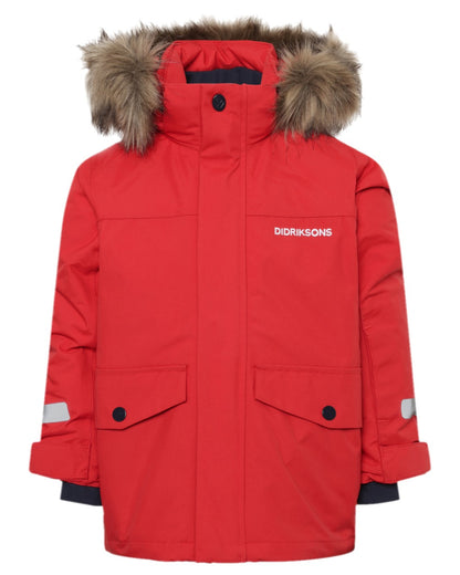 Pomme Red Coloured Didriksons Childrens Bjärven Parka on white background 