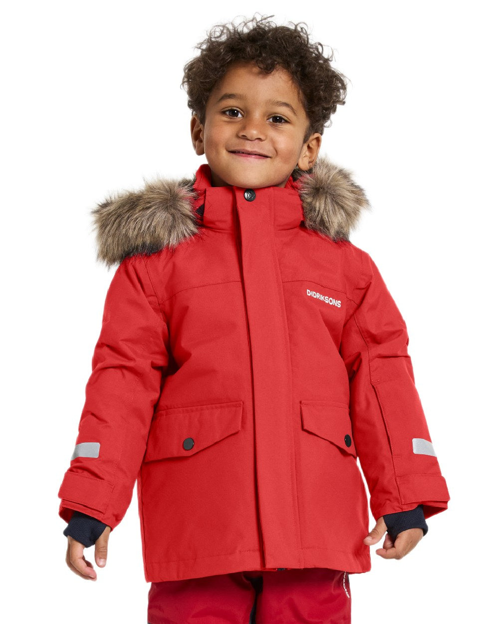 Pomme Red Coloured Didriksons Childrens Bjärven Parka on white background 