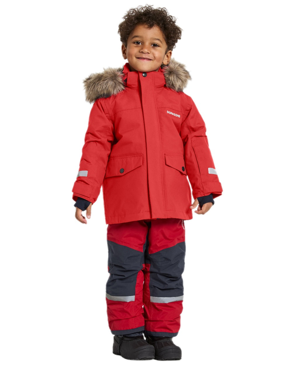 Pomme Red Coloured Didriksons Childrens Bjärven Parka on white background 