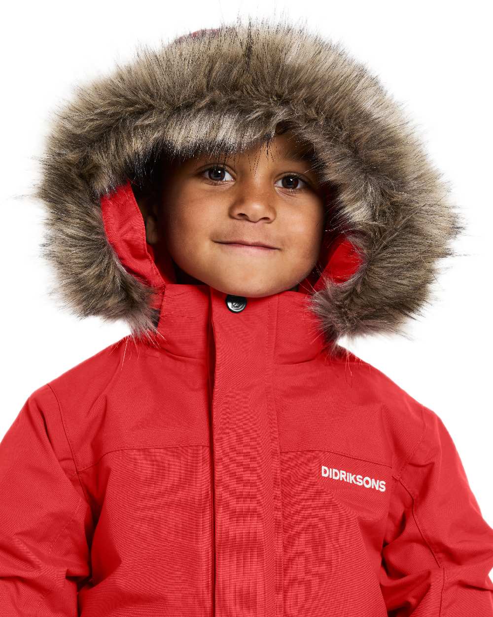 Pomme Red Coloured Didriksons Childrens Bjärven Parka on white background 
